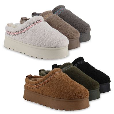 VAN HILL Damen Warm Gefütterte Pantoffeln Bequeme Kunstfell Teddy Schuhe 840872