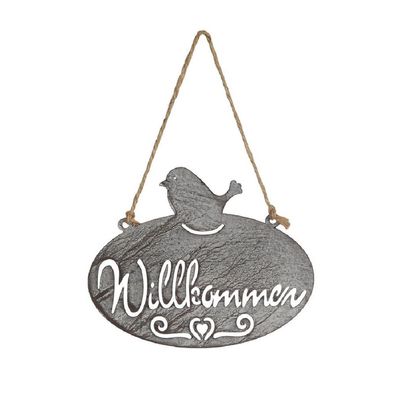 Willkommen Schild mit Vogel, Metallschild mit Schnur, Wandschild 24x20 cm