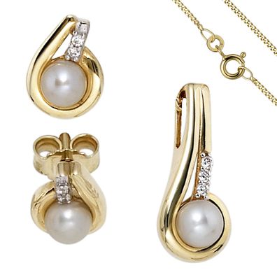 Echt. Nobel. Schmuck-Set 333 Gold Gelbgold Perlen Zirkonia Ohrringe und Kette