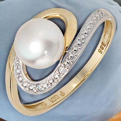 Damen Ring 585 Gold Gelbgold 1 Süßwasser Perle 2 Diamanten Brillanten Perlenring