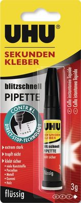 Sekundenkleber blitzschnell Pipette Control 3g farblos Tube UHU