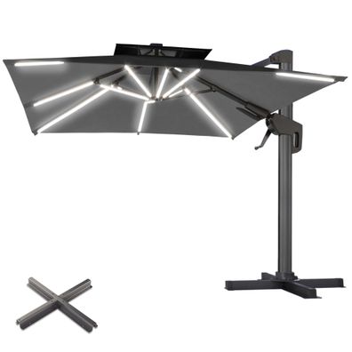 SUN PIETRO | Sonnenschirm | Quadratisch | B: 300 x 300 cm | Schwarz | LED | + Stände