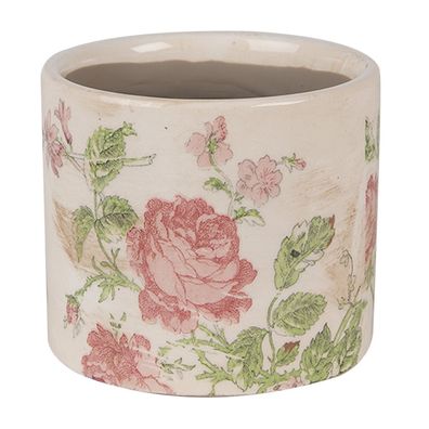 Clayre & Eef Blumentopf Ø 11x9 cm Beige Rosa Keramik Blumen (Gr. Ø 11x9 cm)