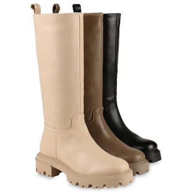 VAN HILL Damen Leicht Gefütterte Plateaustiefel Stiefel Profil-Sohle Schuhe 838056