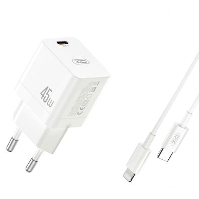 XO CE09 Wandladegerät Handyladegerät PD 45W 1x USB-C Weiß + USB-C - iPhone-Anschlu