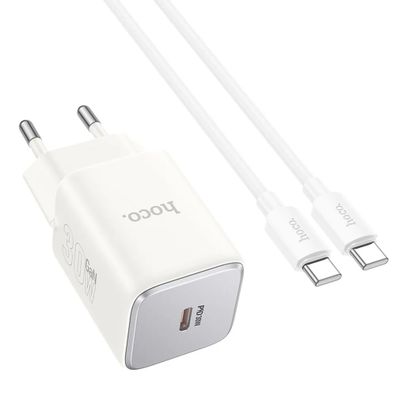 Netz-Ladegerät Typ C + Kabel Typ C auf Typ C PD QC 30W GaN in Weiß 100 cm