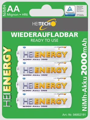 Heitech vorgeladener 4er Pack NIMH-Akku Mignon/AA / HR06 2000 mAh 1,2V - Wiederauf