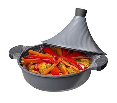 Aluguss Tajine Tagine Ø28cm Induktion Silikongriffe Gartopf Dampfgarer Bräter silber