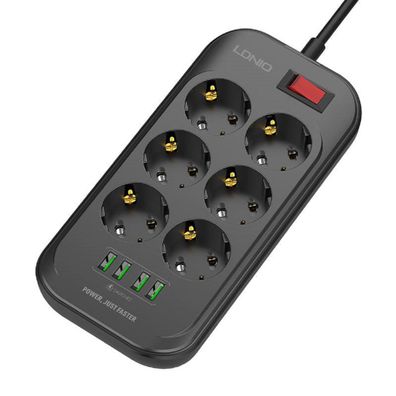 LDNIO SE6403 Steckdosenleiste mit 6 Steckdosen, 4x USB, Leuchtanzeigen, Überladung