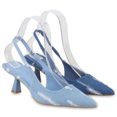 VAN HILL Damen Slingpumps Pumps Spitze Stiletto Denim Fransen Schuhe 840711