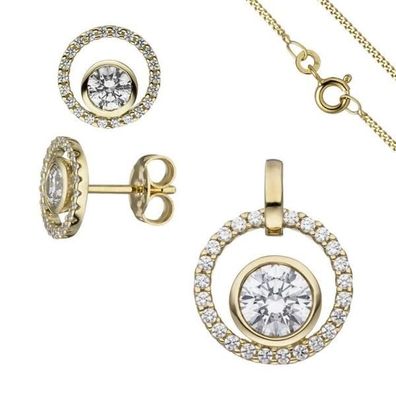 Schmuck-Set 333 Gelbgold mit Zirkonia Ohrstecker und Kette 45 cm