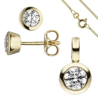 Schmuck-Set 333 Gold Gelbgold 3 Zirkonia Ohrstecker und Kette 45 cm