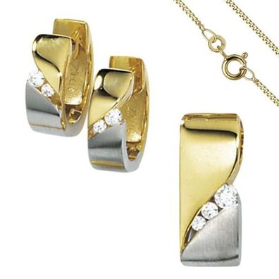 Schmuck-Set 333 Gold Gelbgold bicolor 7 Zirkonia Ohrringe und Kette 45 cm