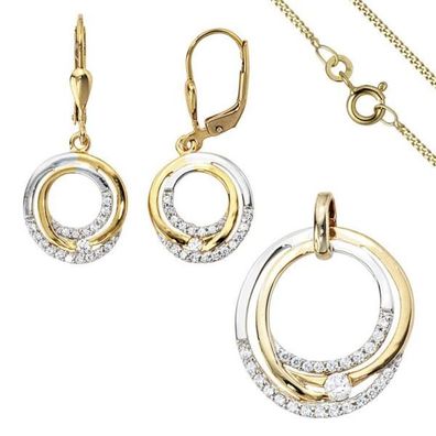 Schmuck-Set 333 Gold Gelbgold bicolor mit Zirkonia Ohrringe und Kette 42 cm