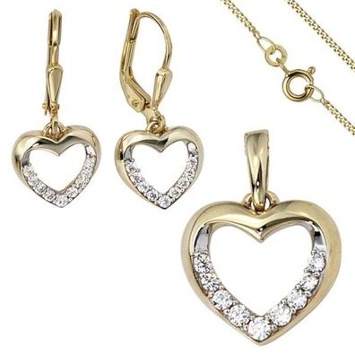 Schmuck-Set 333 Herz Gold Gelbgold Zirkonia Ohrringe Anhänger und Kette 45 cm