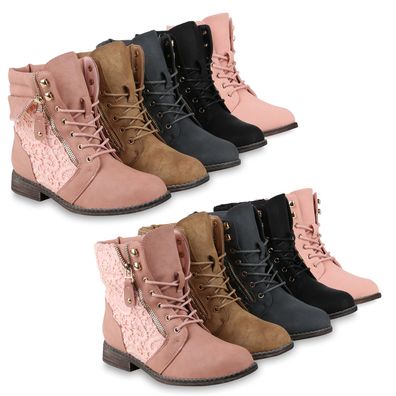 VAN HILL Damen Stiefeletten Zipper Schnürstiefeletten Blockabsatz Gefüttert 818846