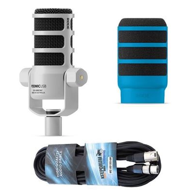 Rode Mikrofon Podmic USB Weiss mit WS14B Popschutz Blau und Kabel