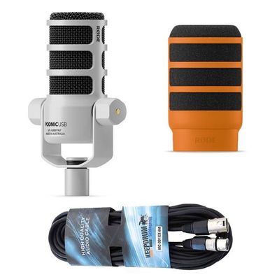 Rode Mikrofon Podmic USB Weiss mit WS14O Popschutz Orange und Kabel