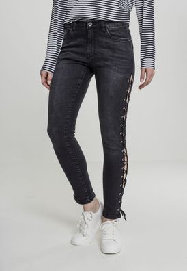 Urban Classics Damen Hose Ladies Denim Lace Up Skinny Pants Black Washed