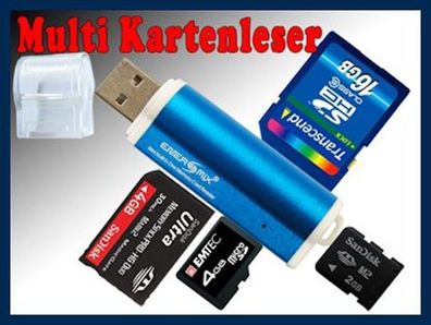 Kartenleser für SD SDHC Micro SD M2 Speicherkarten bis zu 256GB Blau