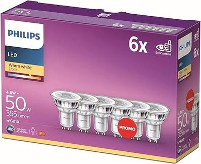 Philips GU10 LED Spots 6er Pack (50W) - Energiesparende Reflektor-Lampen, warmweiß