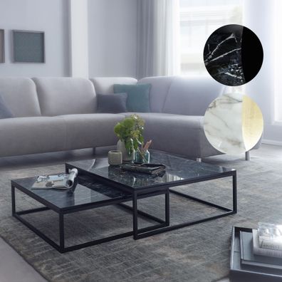 FineBuy Couchtisch 2er Set Marmor Optik Satztisch Modern Metallgestell Sofatisch