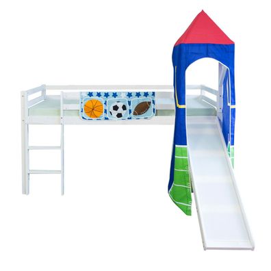 Hochbett Spielbett 90x200 cm mit Leiter Rutsche Turm Bettgestell Holz Massiv Blau