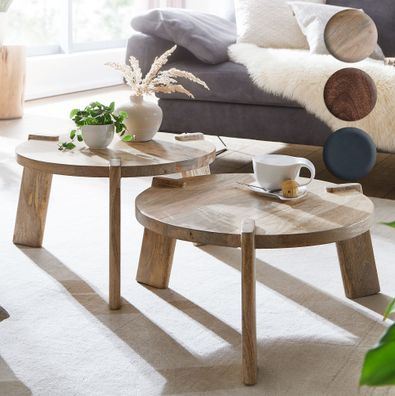 FineBuy Couchtisch Set Rund Holz Massiv Wohnzimmertisch 2 teilig Beistelltisch