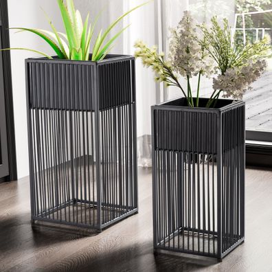 Blumentopf FineBuy Pflanzenkübel 2er Set Metall Schwarz Quadratisch Pflanzgefäß