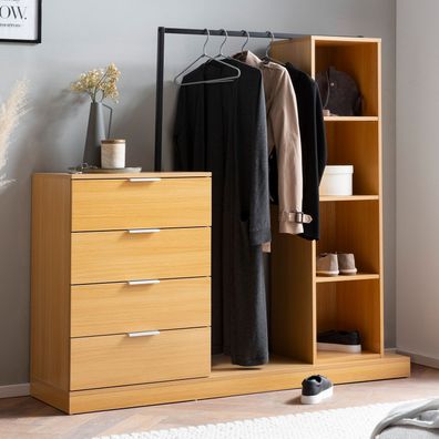 Garderobe FineBuy Kleiderschrank Eiche 145 cm Schubläden Regal Kleiderstange