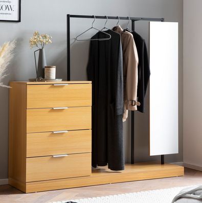 Garderobe FineBuy Kleiderschrank Eiche 145 cm Schubläden Spiegel Kleiderstange