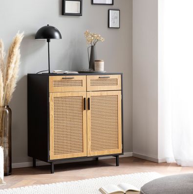 Sideboard FineBuy Anrichte 80 cm Schwarz Kommodenschrank mit Wiener Geflecht