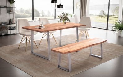 Esszimmertisch FineBuy Esstisch 120 cm Massivholz Küchentisch Baumkante Chrom