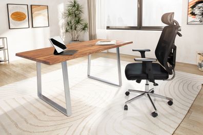 Schreibtisch FineBuy Bürotisch 120 cm Akazie Massivholz Computertisch Baumkante