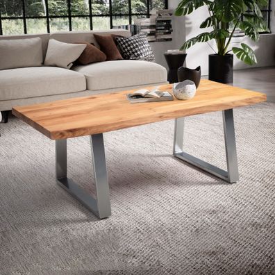 Couchtisch FineBuy Sofatisch 120 cm Massivholz Chrom Wohnzimmertisch Baumkante