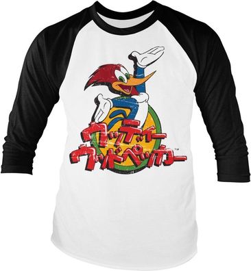 Woody Woodpecker Washed Japanese Logo Baseball Longsleeve Tee White-Black