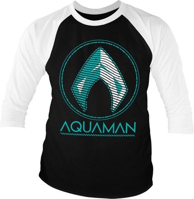 Aquaman Distressed Shield Baseball 3/4 Sleeve Tee T-Shirt White-Black