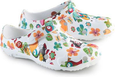 Schu'zz Schuzz Damen Clog Badeschuhe Globule Femme imprimé Toucan / Multicolor