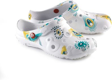 Schu'zz Schuzz Damen Clog Badeschuhe Globule Femme imprimé Plume de paon / M