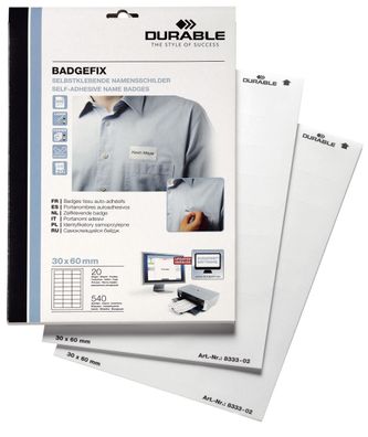 Durable 8333 02 Selbstklebe-Namensschild Badgefix, Acetatseide, weiß, 60 x 30 mm,