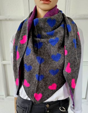 Blogger Softes XXL Dreieckstuch Tuch Stola Wolle Viskose Herzen Grau/Pink/Blau