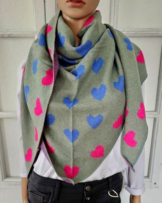 Blogger Softes XXL Dreieckstuch Tuch Stola Wolle Viskose Herzen Salbei/Blau/Pink