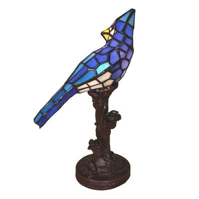 Clayre & Eef Tiffany Tischlampe Vogel 15x12x33 cm Blau Polyresin