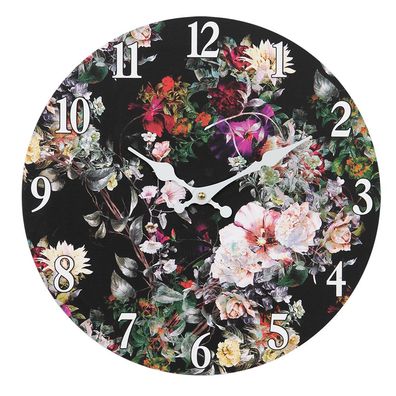 Clayre & Eef Wanduhr Ø 34 cm Schwarz Grün MDF Blumen