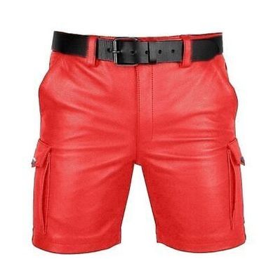 Herren Genuine Leather Casual Rot Cargo Shorts Clubwear Leder Shorts Kurz Lederhose