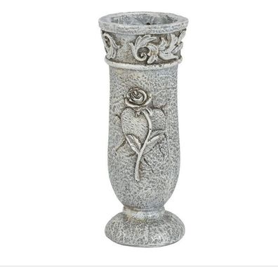 83217 Poly Friedhofs-Vase auf Sockel, mit Herz und Rose, 6,5xh16cm grau Antik