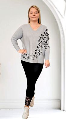 Oversize Damen Pullover Pulli Strickpullover Animalprint Grau/Schwarz bis Gr. 44