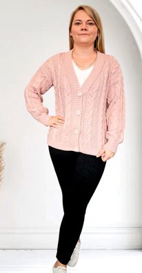 Damen Strickjacke Cardigan Grobstrick durchgeknöpft Zopfmuster langarm Zartrosa