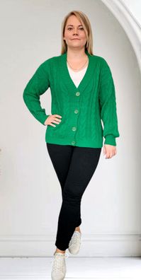 Damen Strickjacke Cardigan Grobstrick durchgeknöpft Zopfmuster langarm Grün