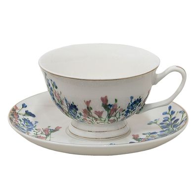 Clayre & Eef Tasse mit Untertasse 250 ml Blau Weiß Porzellan Blumen